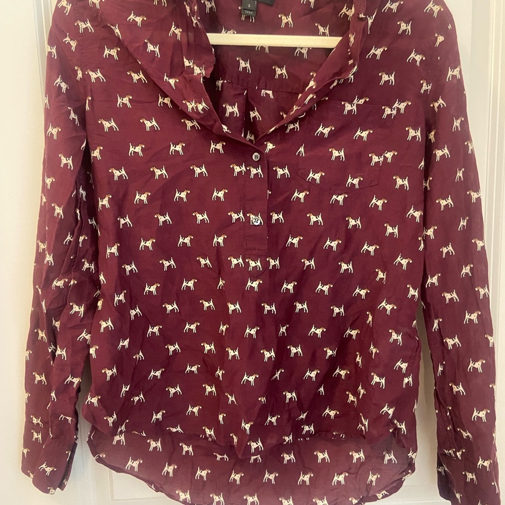 JCrew Women's Burgundy Dog Print Blouse